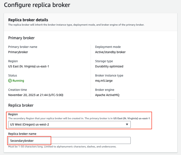 Amazon MQ console configure replica broker