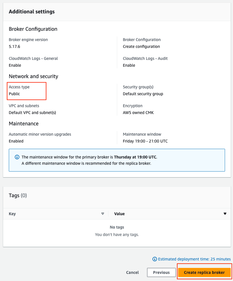 Amazon MQ console create replica broker setting summary