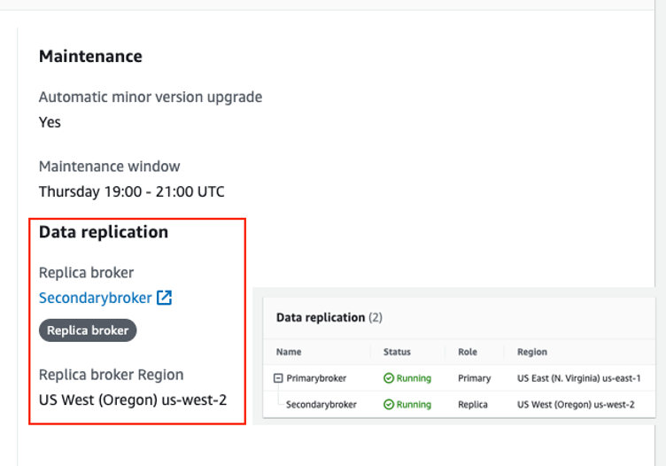 Amazon MQ console broker replication details