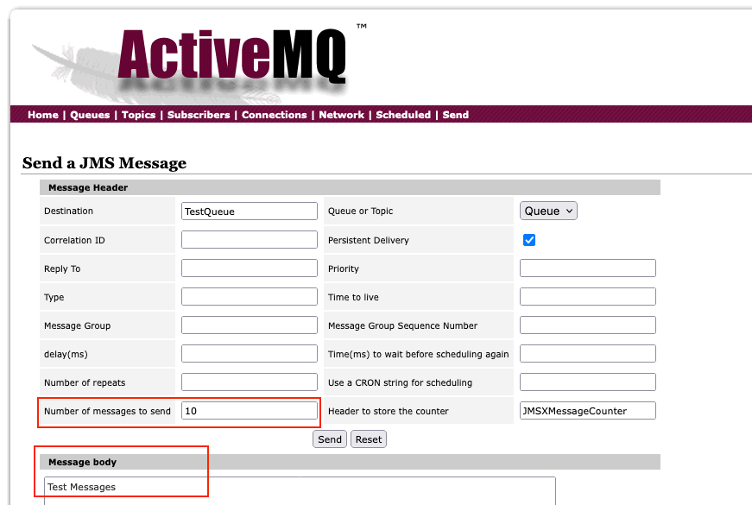 ActiveMQ console send test message