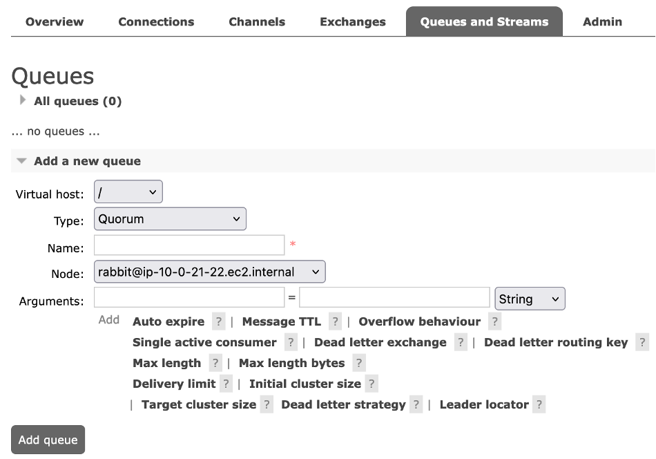 RabbitMQ queues console