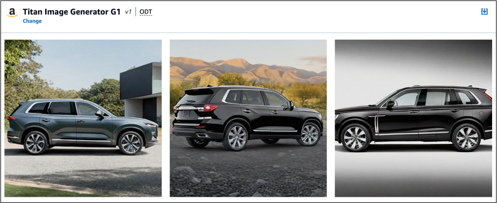 Three different images of a new family SUV generated by Amazon Titan Image Generator.