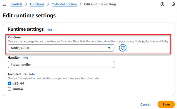 Changing a function to Node.js 22