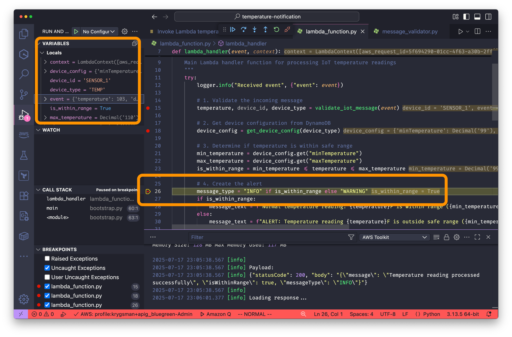 AWS Lambda debug environment displaying IoT temperature monitoring code, variable inspection, and execution logs with breakpoint paused state