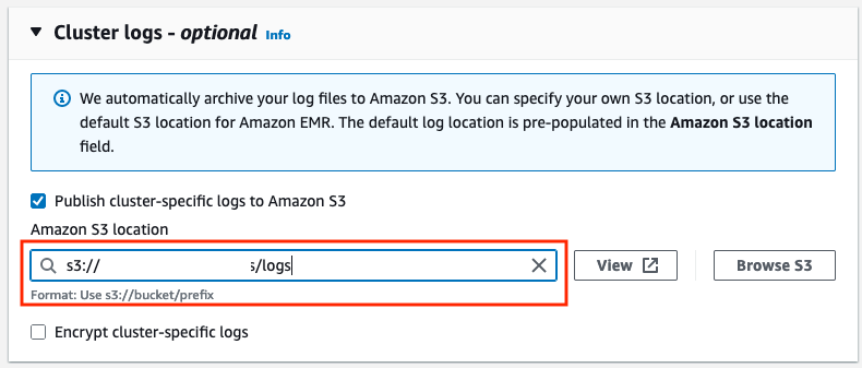 Amazon S3 location for cluster logs