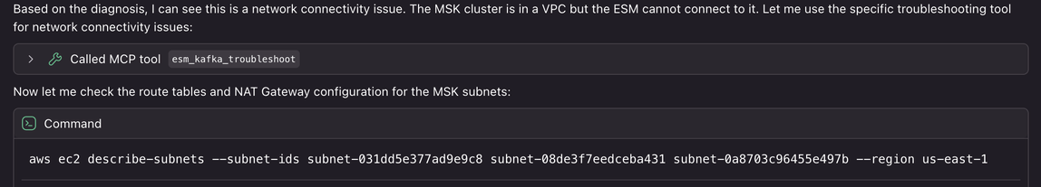 AI prompt to start debugging an issue with a Kafka ESM