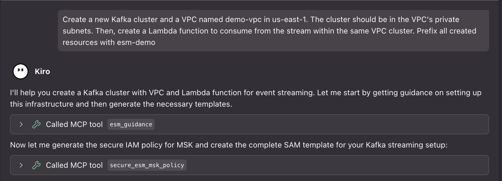 AI prompt to create a new Kafka cluster and ESM