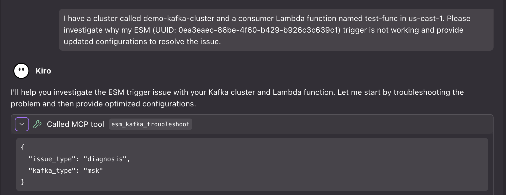 AI assistant prompt for investigation an issue with Kafka ESM