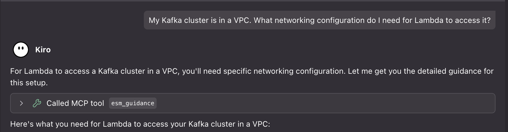 AI assistant prompt for setting up Kafka ESM networking connectivity