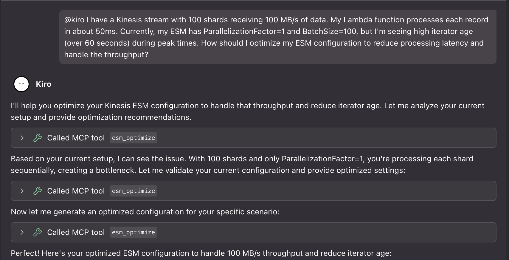 AI prompt to optimize Kinesis ESM throughput