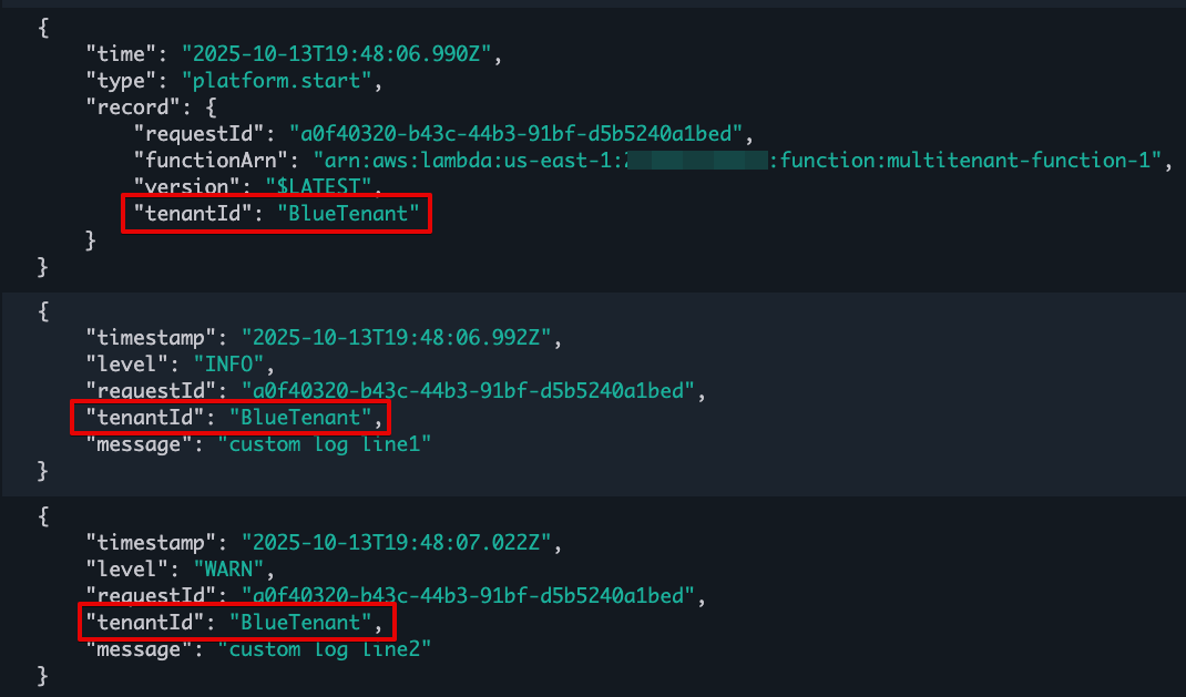 Figure 6. Lambda function logs with tenantId.