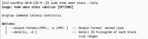Command help output for 'nvme amzn stats' showing usage syntax and format options