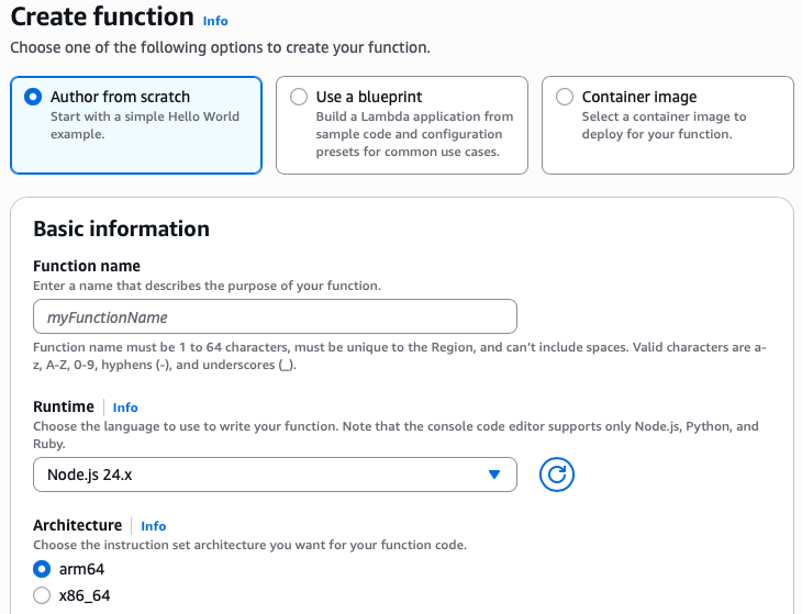 Creating Node.js function in the AWS Management Console