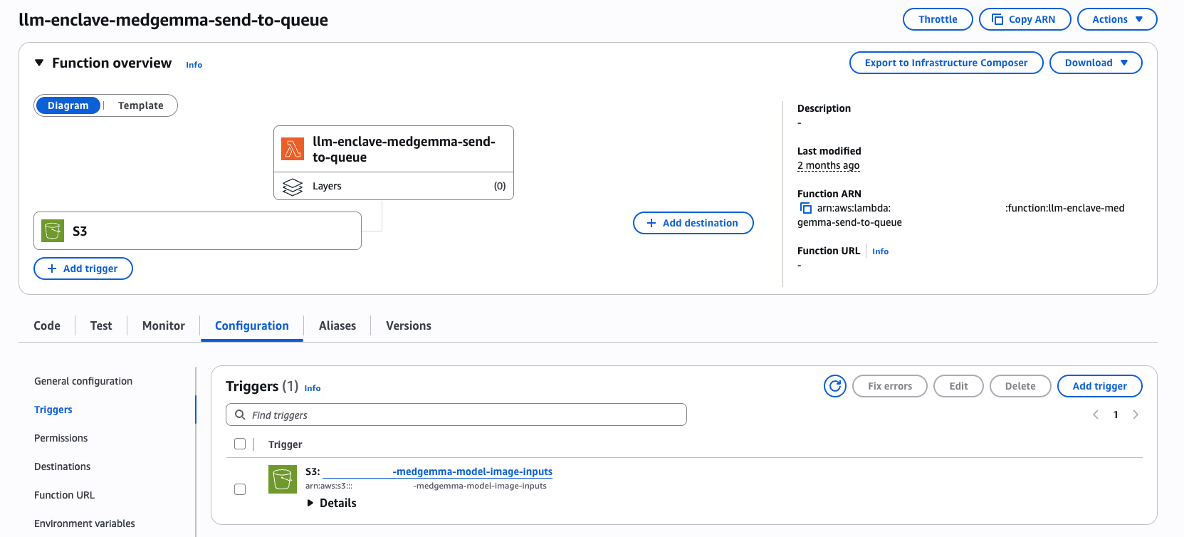 AWS Lambda configuration interface showing S3 bucket trigger setup for medical image processing workflow