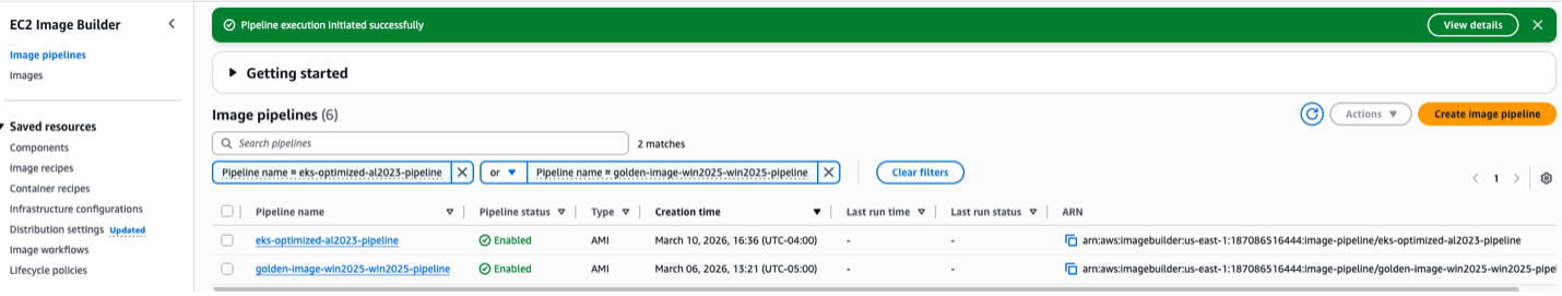 Fig 1: Sample EC2 Image Builder console, after the pipeline is “enabled”