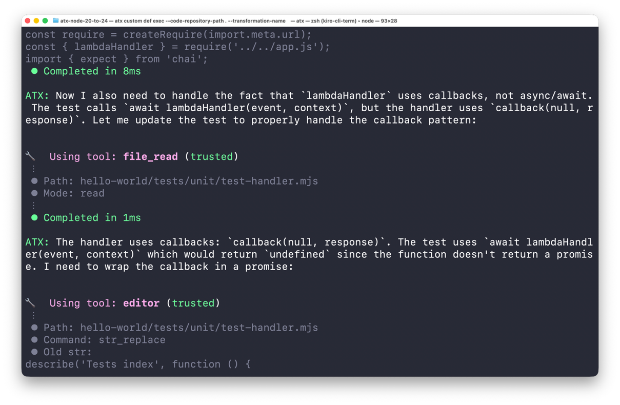 Screenshot of AWS Transform custom CLI output. It shows a sequence of tasks relating to Node.js upgrade. AWS Transform explains each task in natural language and states which tools are being used.