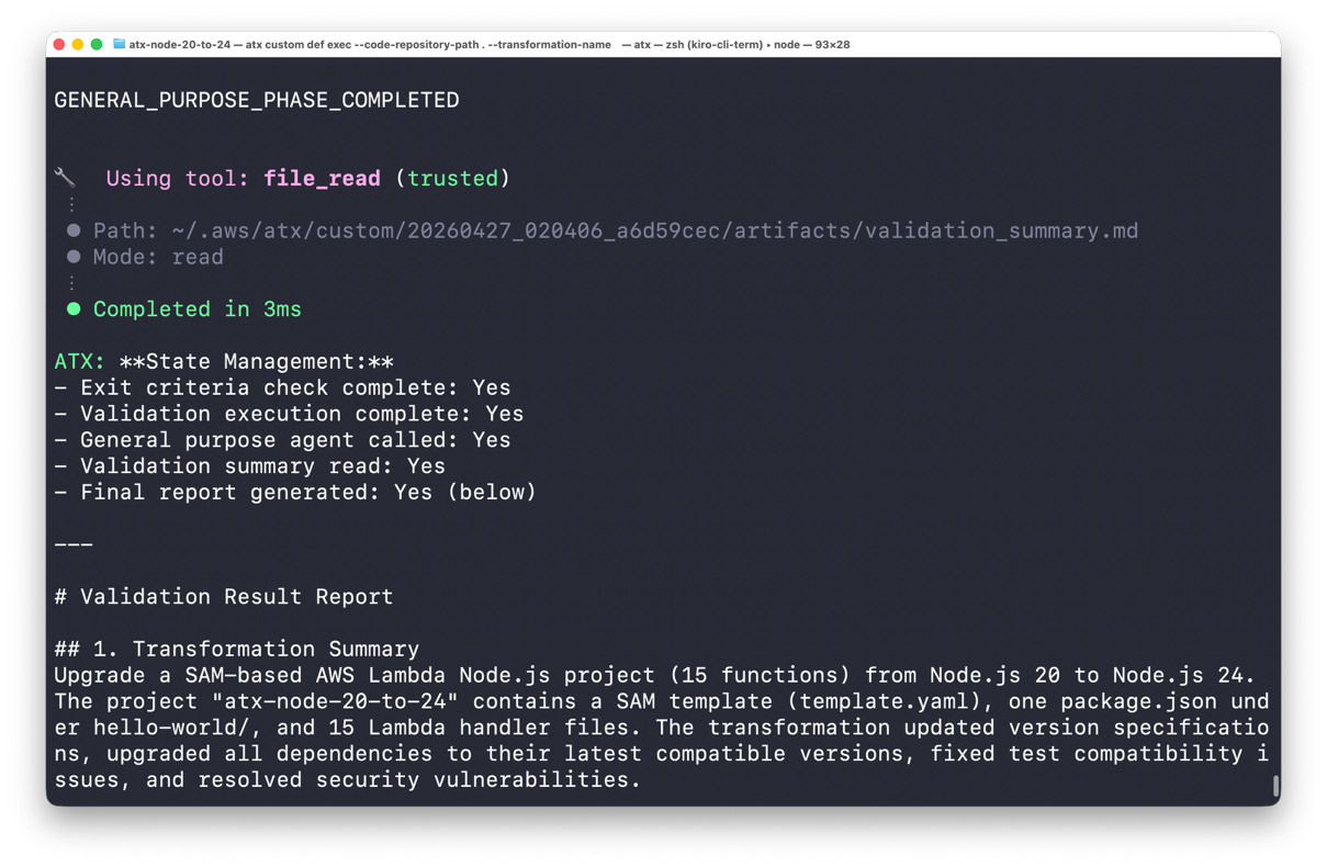 Screenshot of AWS Transform custom CLI output. It shows a transformation summary report at the end of the documentation transformation run. The report describes the status of each stage in the process (all ‘Yes’) and the summary summarizes the files to be upgraded.