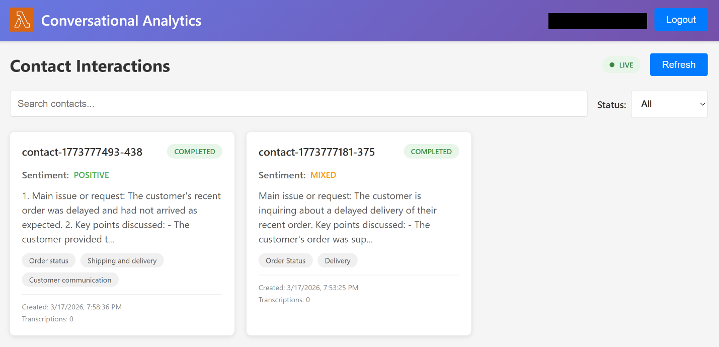 Web interface displaying a list of voice transcriptions