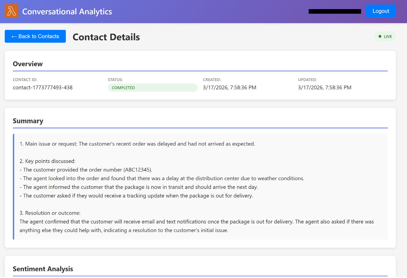 Conversational insights detail view showing summary, sentiment, and key topics for a selected transcription