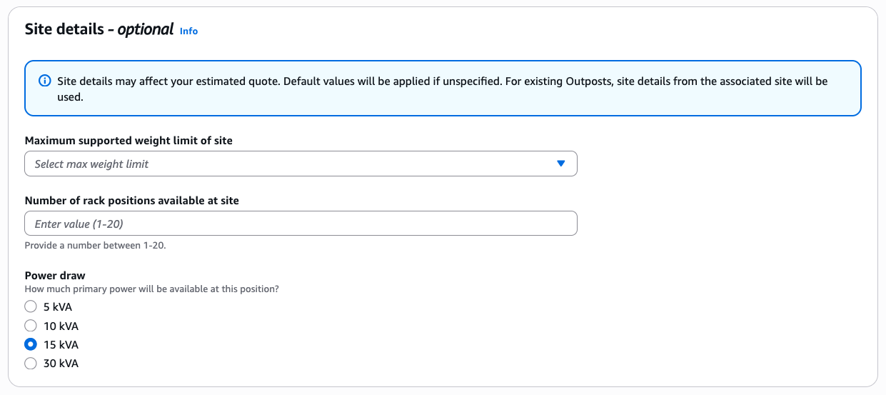 Figure 4: Site details form with weight limit menu, rack positions field, and power draw radio buttons