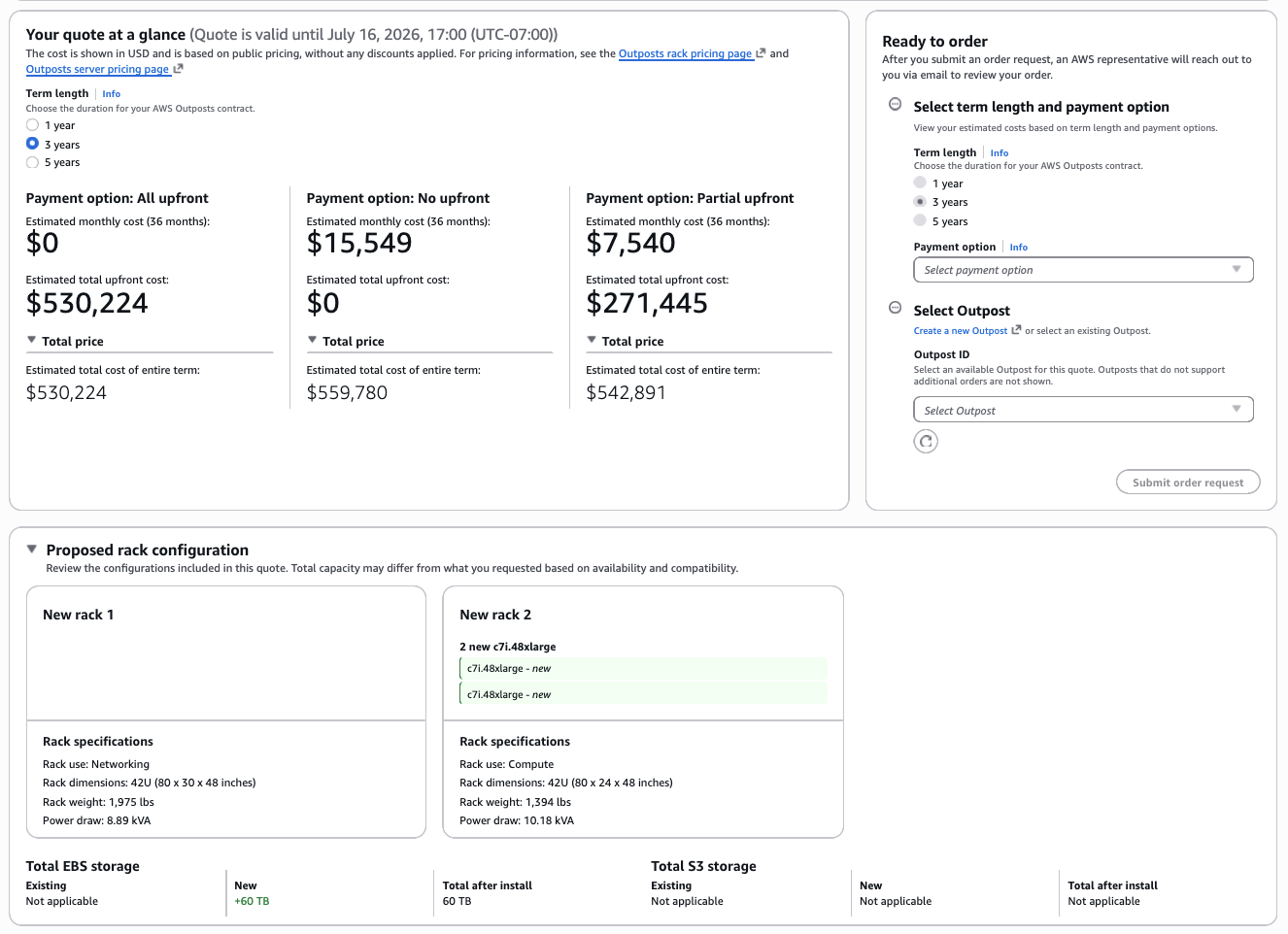 Figure 5: Quote summary showing ‘Your quote at a glance’ with cost estimates for All Upfront, No Upfront, and Partial Upfront options, plus proposed rack configuration and specifications