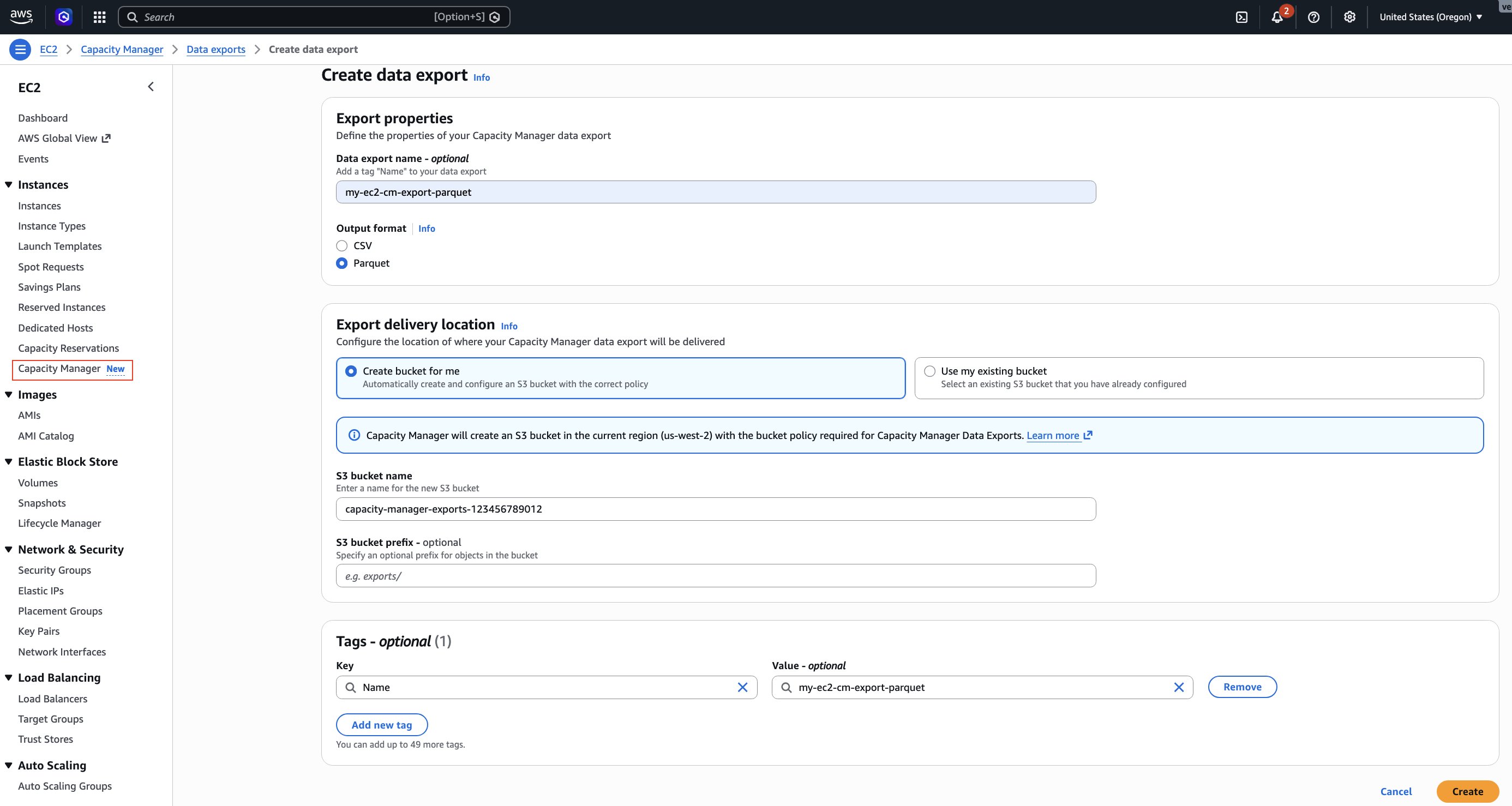 Screenshot of EC2 Capacity Manager Create data export page in AWS Console showing export properties: Data export name, output format set to Parquet, S3 location for export delivery and Tags