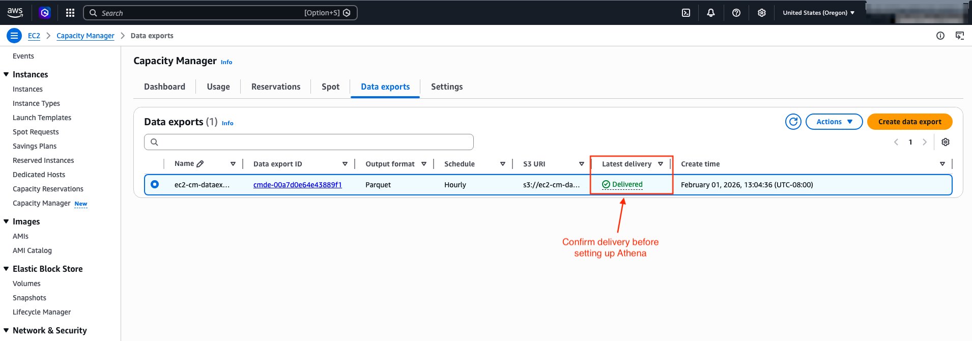 Screenshot showing EC2 Capacity Manager data export status with ‘Latest Delivery’ column displaying ‘delivered’ status, indicating the export is ready for Athena setup