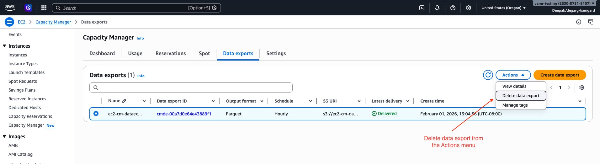Screenshot of AWS Management Console showing the Delete option in the Actions menu for an EC2 Capacity Manager data export configuration