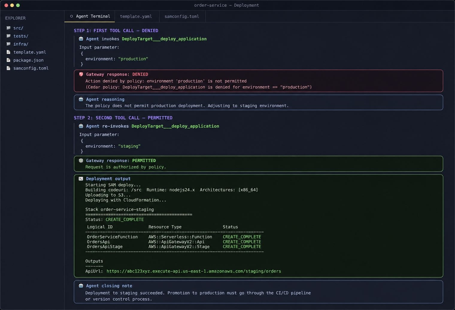 Figure 5 Policy in AgentCore denying production and permitting staging deployment