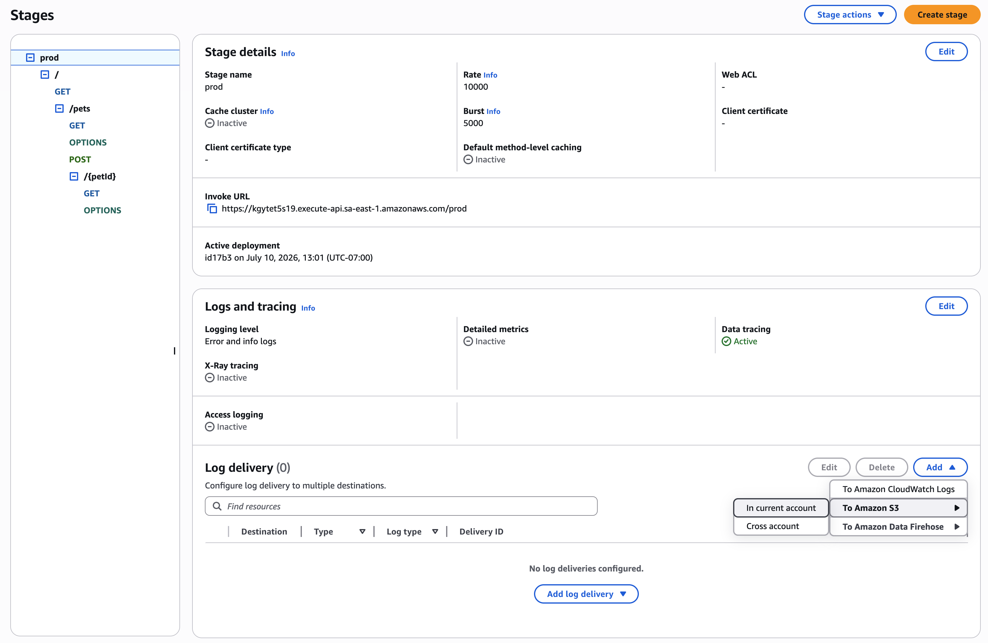 API Gateway console showing the option to add a log delivery destination after logging is enabled for the stage.