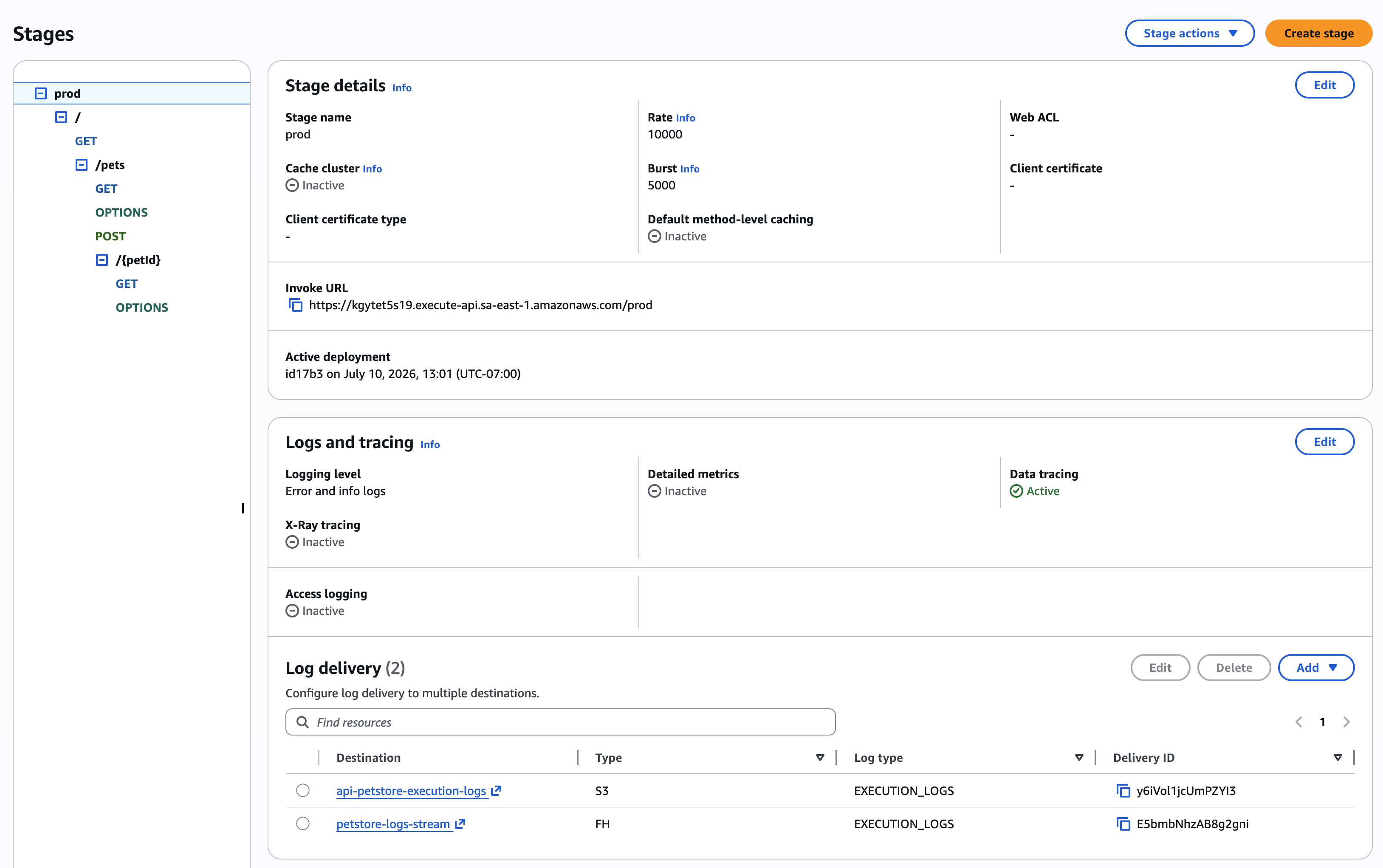 API Gateway console showing multiple delivery destinations configured, including cross-account options.