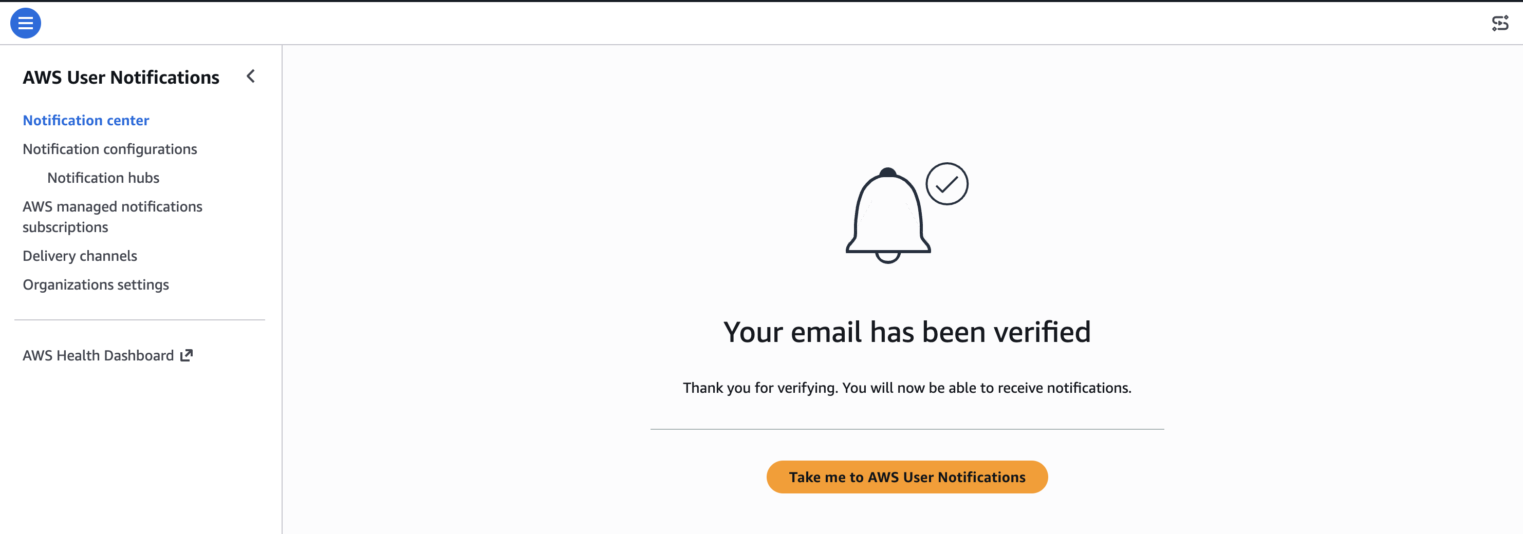AWS User Notifications console showing verified email contact