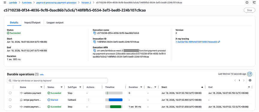 Lambda console Durable executions tab showing a completed execution with steps: validate-payment succeeded, create-payment-intent succeeded, stripe-payment-result callback received, and final result succeeded