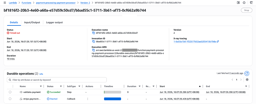 Durable executions tab showing the timed-out execution: validate-payment succeeded, create-payment-intent succeeded, stripe-payment-result callback timed out