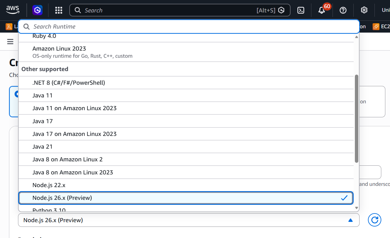Screenshot of the Lambda console runtime list showing “Node.js 26 (Preview)” and “Python 3.15 (Preview)” options.