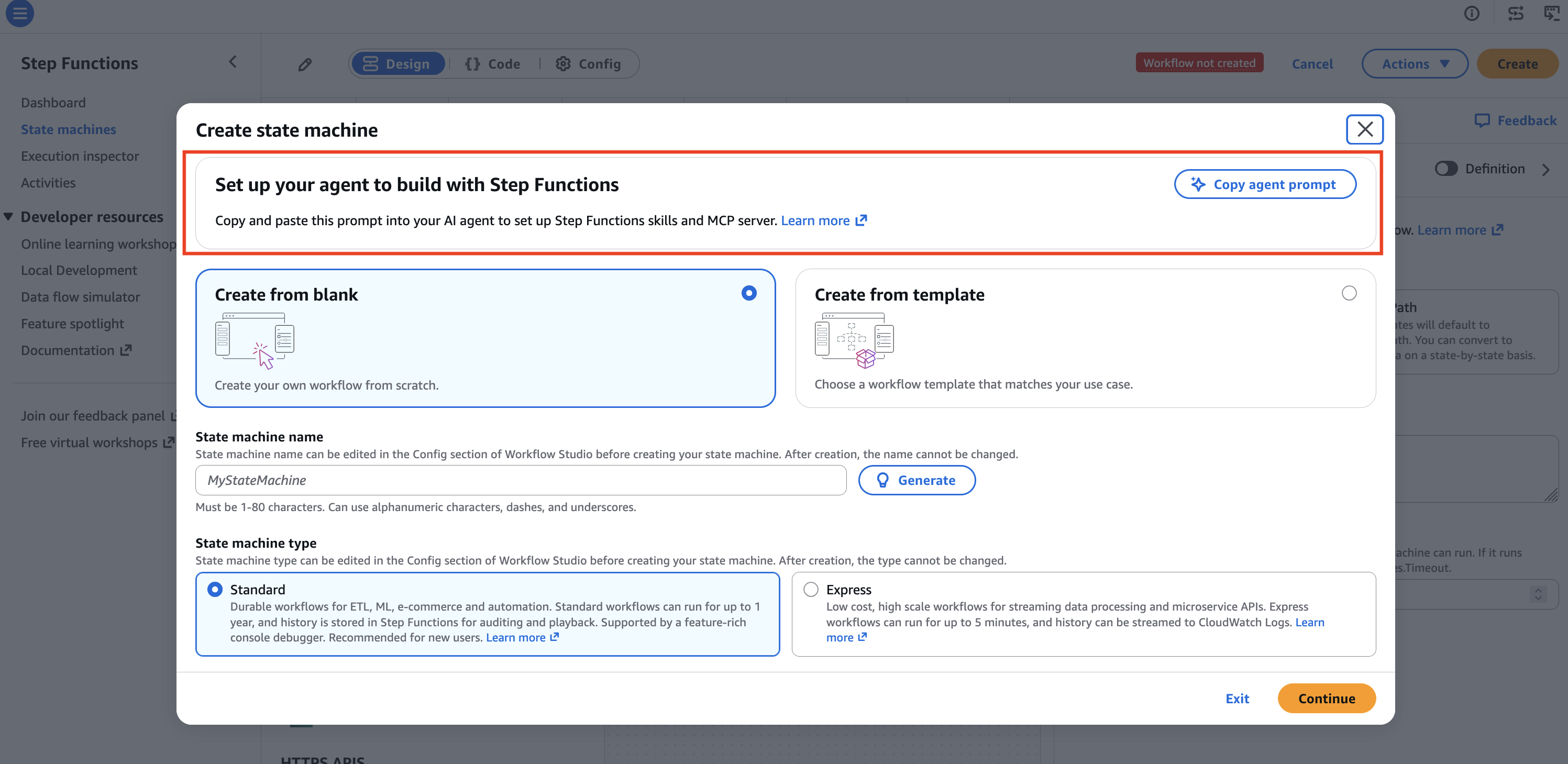 Step Functions console modal showing the Copy agent prompt banner and button