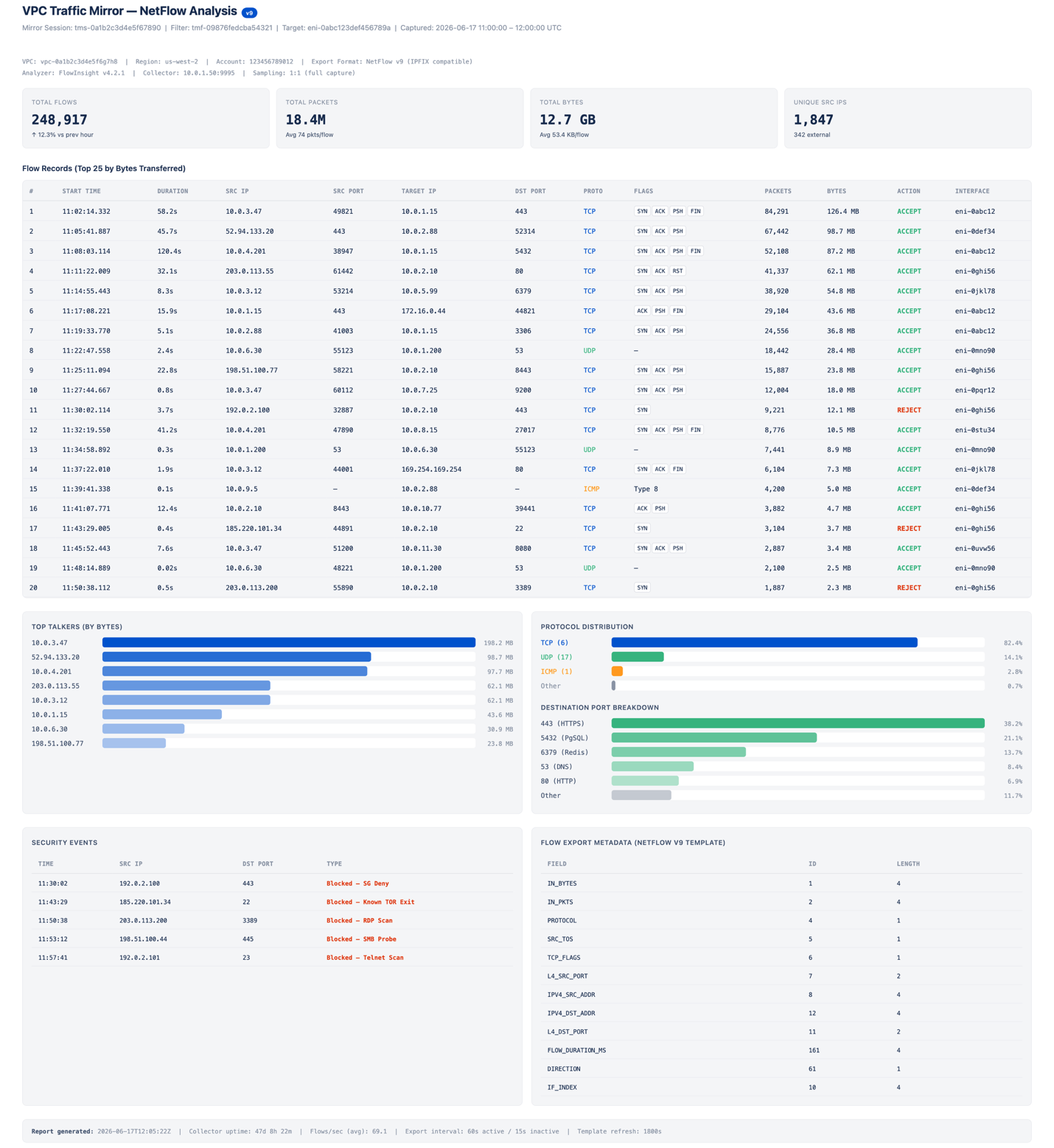 NetFlow Analyzer sample report showing traffic captured from an environment with VPC Traffic Mirroring configured