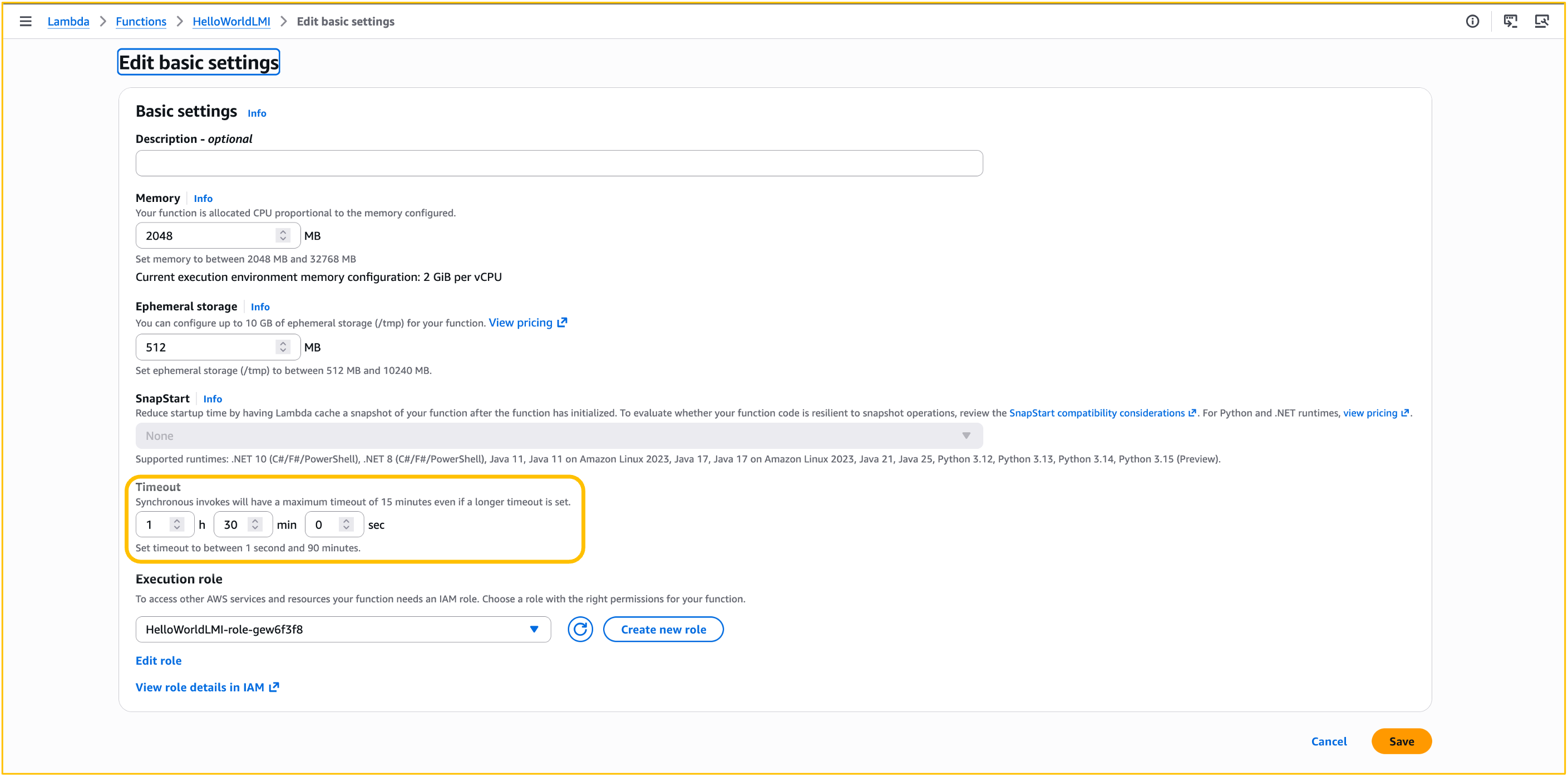 Lambda console General configuration page showing the function timeout field set to 90 minutes