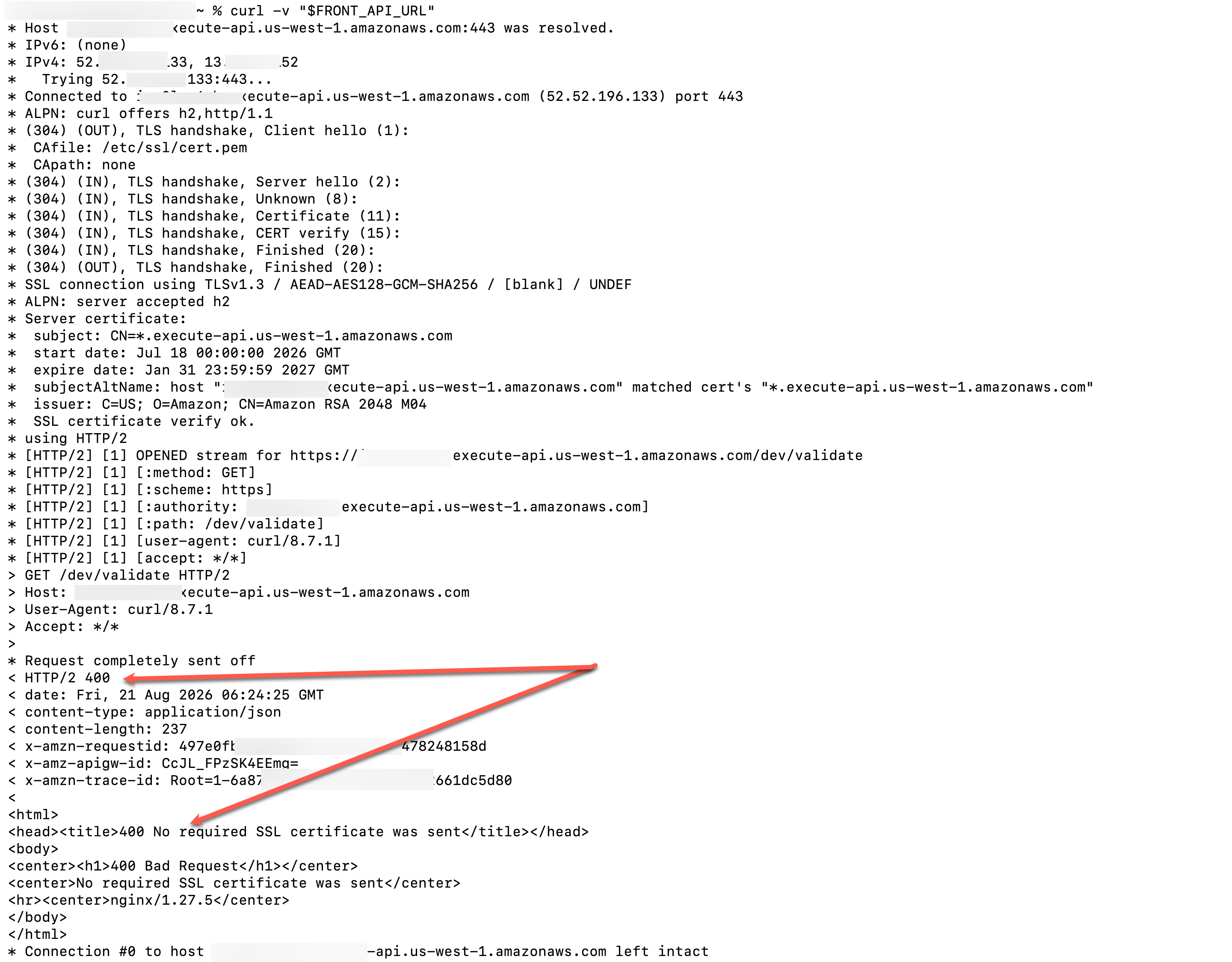 Terminal response showing an HTTP/2 400 error with the message No required SSL certificate was sent