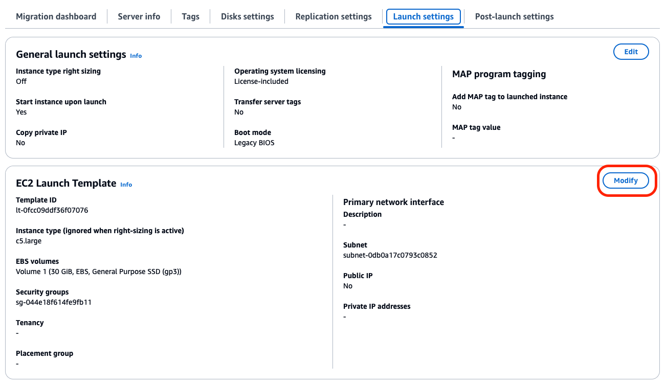 Figure 2: Screenshot of Launch settings menu in the Application Migration Service.