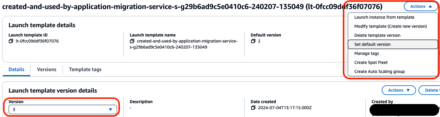 Figure 4: Screenshot setting default version for launch template.