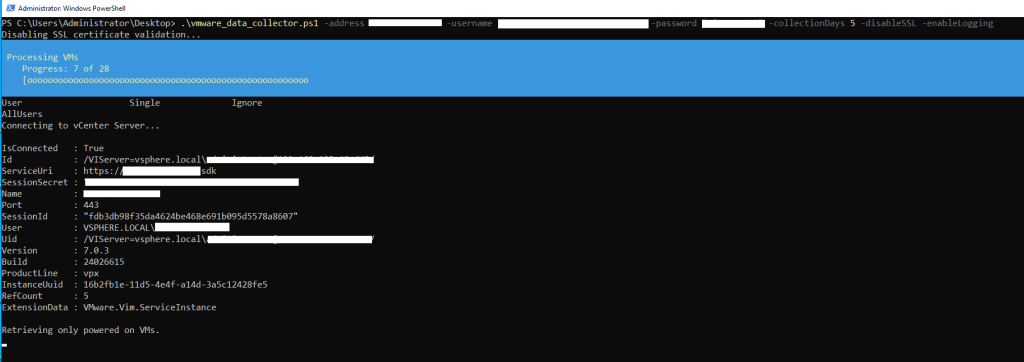 Figure 1 showing the execution of the vmware_data_collector script to collect provisioning and utilization metrics from vCenter