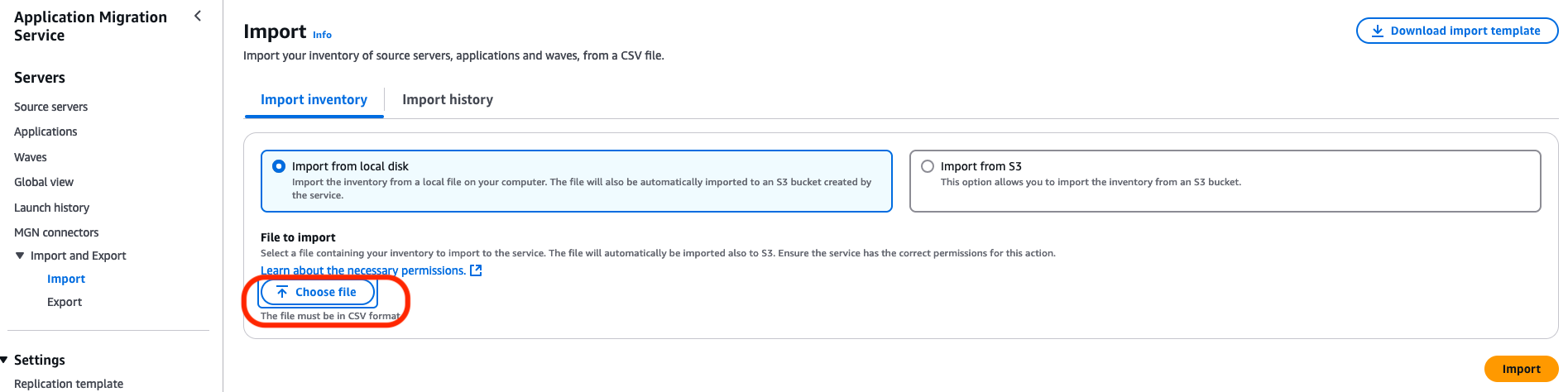 Figure 5 - Screenshot of how to choose file within import menu of AWS MGN