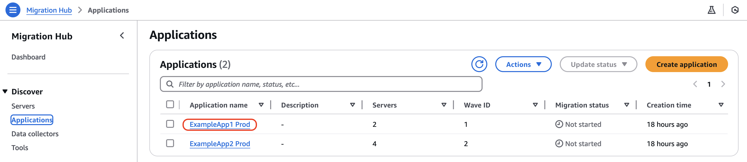 Figure 1 - Screenshot of Application menu within Migration Hub highlighting application selection