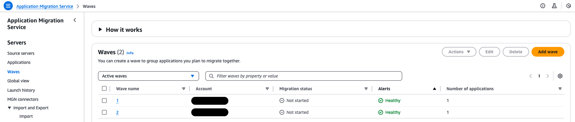 Figure 6: Screenshot of Waves imported from Migration Hub within AWS MGN