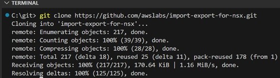 Terminal window showing a git clone command