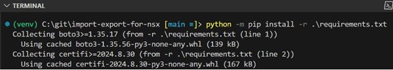 Terminal window showing Python library installation