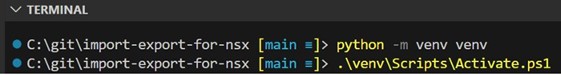 Terminal window showing Python virtual environment commands