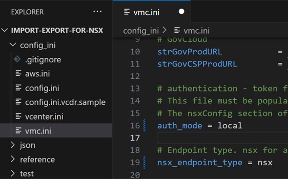 Visual Studio Code showing the vmc.ini configuration file