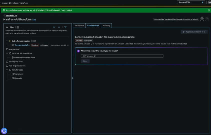 Figure 3: Q Developer job plan and Amazon S3 source code location